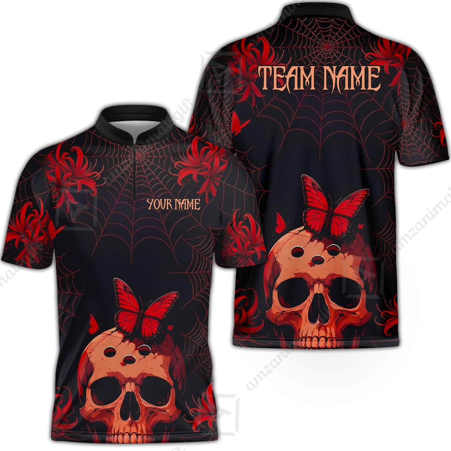 Customized Bowling Shirt, Bowling Skull Butterfly Spider Grid, Personalized Polo Shirt For Players With Name & Team Name