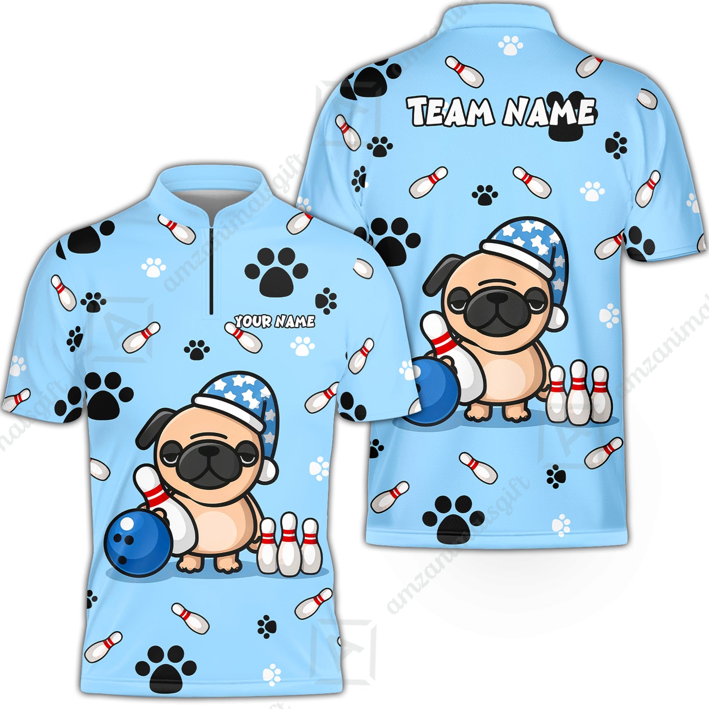 Custom Bowling Polo Shirt, Pug Lover Bowling Custom Bowling Polo Team Shirt With Name & Team Name