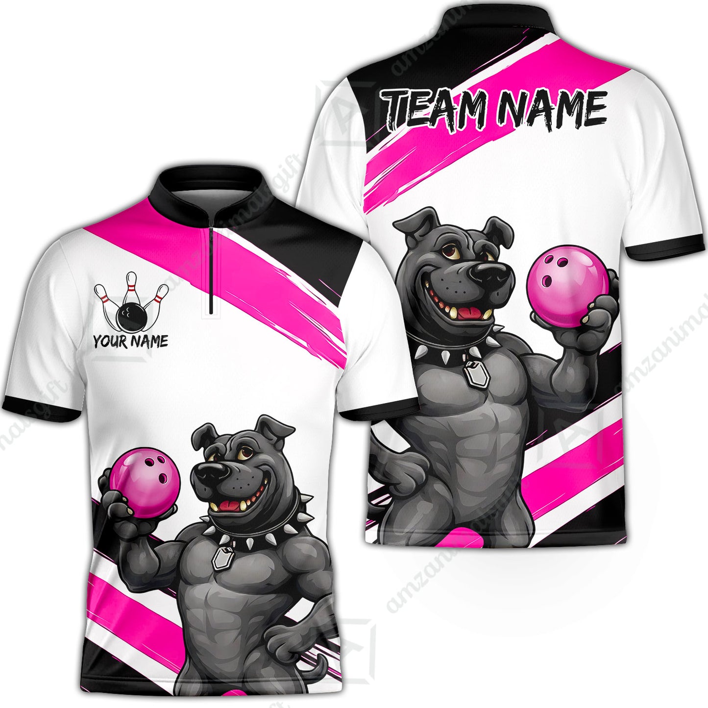 Custom Bowling Jersey Polo Shirt, Pitbull Hold Bowling Ball, Custom Bowling Jersey Team Shirt For Players With Name & Team Name