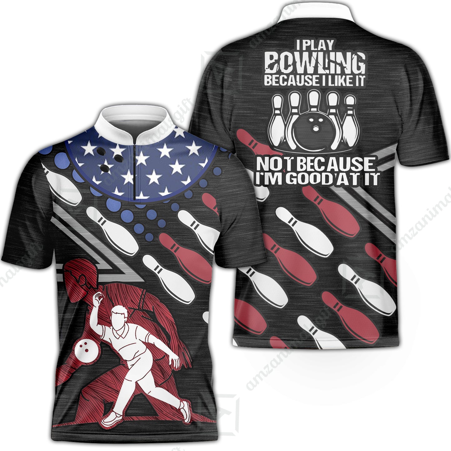 Customized Bowling Polo Shirt - I Play Bowling Because I Like It , American Flag Bowling Team Jersey Polo Shirts - Bowling Team Uniforms Jerseys