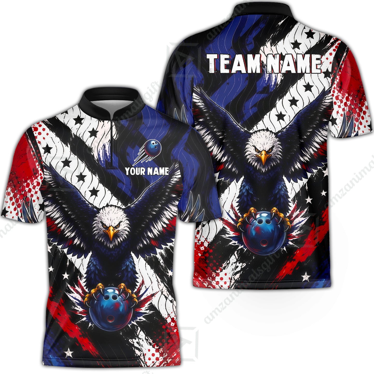 Custom Bowling Jersey Polo Shirt, American Flag And Eagle Hold Bowling Ball, Personalize Name and Team Name