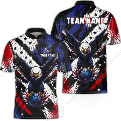 Custom Bowling Jersey Polo Shirt, American Flag And Eagle Hold Bowling Ball, Personalize Name and Team Name
