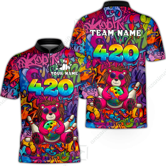Custom Bowling Jersey Polo Shirt, 420 Graffiti Stoner Bear Colorful Street Art, Custom Bowling Jersey Team Shirt For Players With Name & Team Name