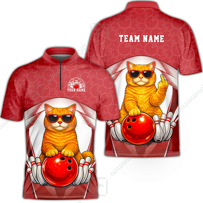 Custom Bowling Polo Shirt, Funny Cat with Sunglasses Bowling Custom Bowling Polo Team Shirt For Players With Name & Team Name