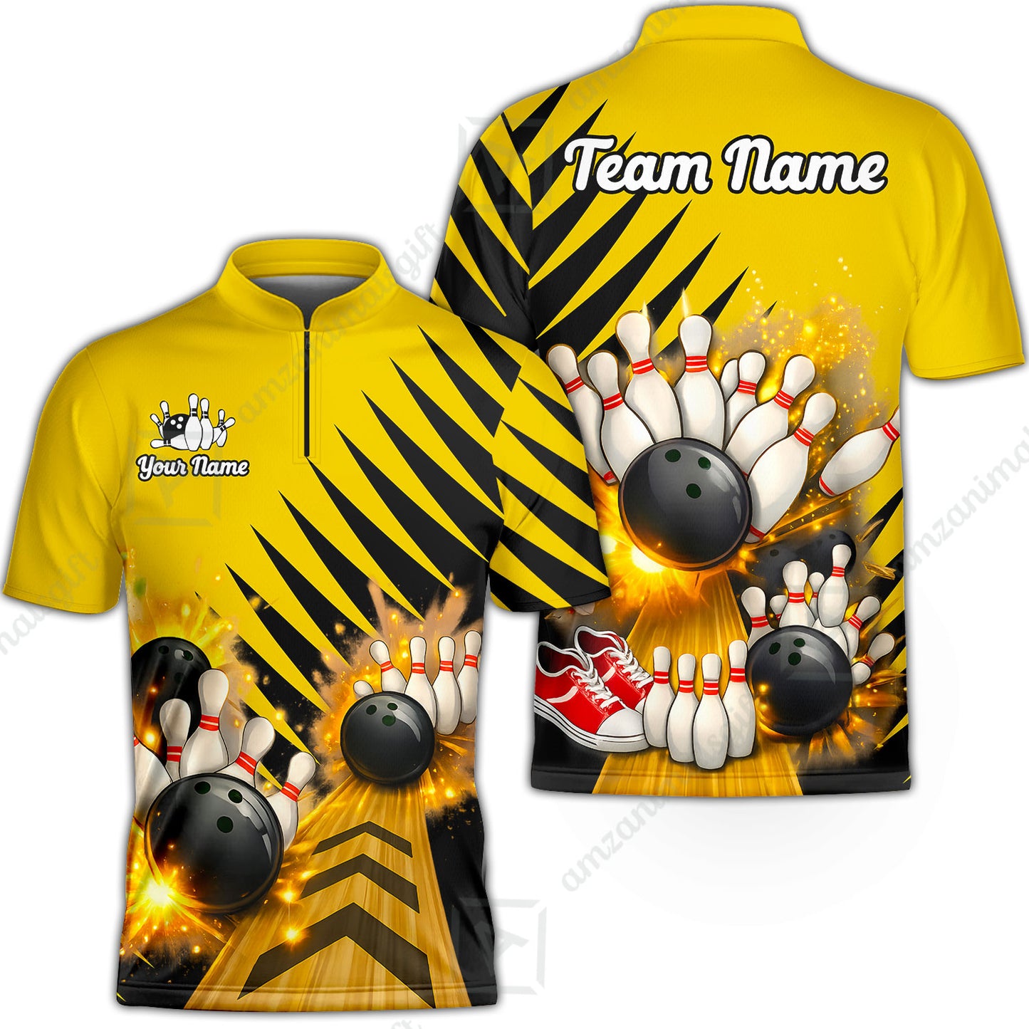 Custom Bowling Quarter Zip Polo Shirt, Yellow Bowling, Custom Bowling Quarter Zip Team Shirt For Players With Name & Team Name