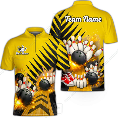Custom Bowling Quarter Zip Polo Shirt, Yellow Bowling, Custom Bowling Quarter Zip Team Shirt For Players With Name & Team Name