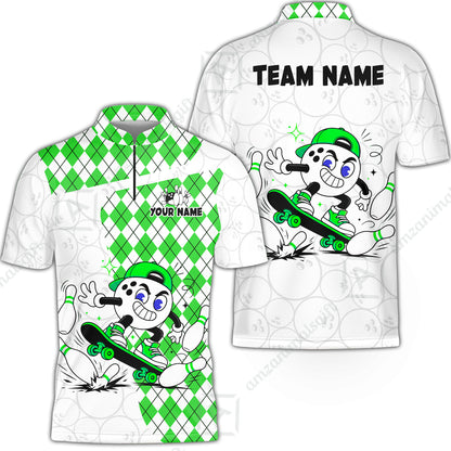 Custom Bowling Jersey Polo Shirt, Skateboarder Bowling Ball Mascot, Custom Bowling Jersey Team Shirt For Players With Name and Team Name