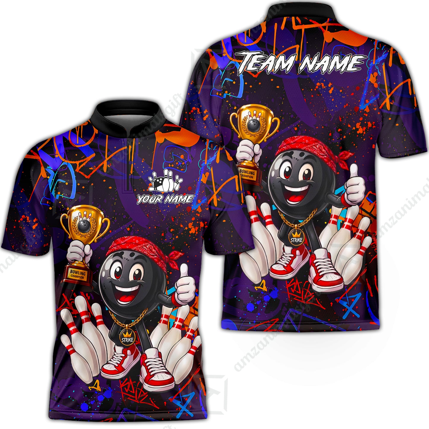 Custom Bowling Jersey Polo Shirt, Graffiti Champion, Custom Bowling Jersey Team Shirt For Players With Name & Team Name
