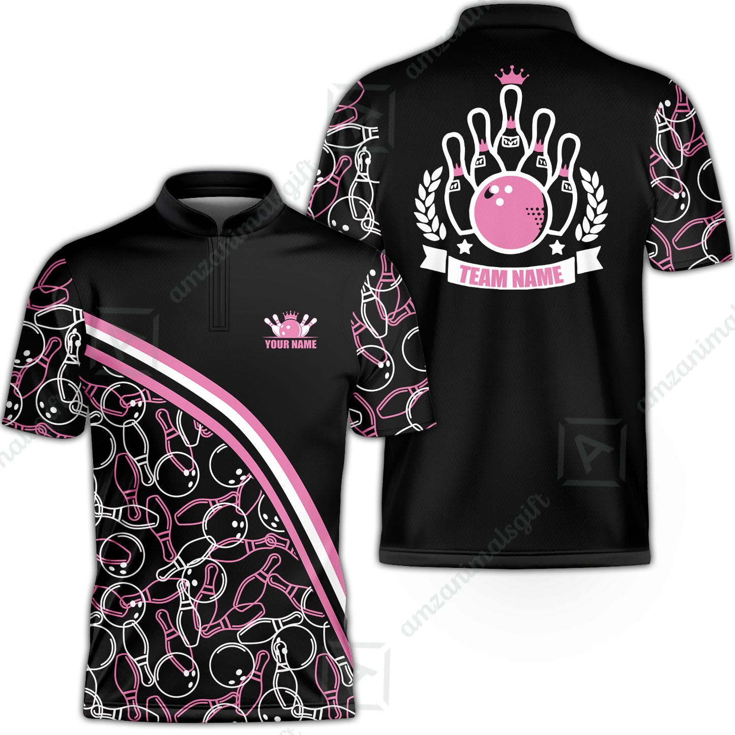 Bowling Customized Women Polo Shirt - Black Pink Bowling Pattern Personalized Bowling Polo Shirt - Gift For Friend, Family, Bowling Lovers