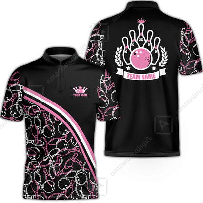 Bowling Customized Women Polo Shirt - Black Pink Bowling Pattern Personalized Bowling Polo Shirt - Gift For Friend, Family, Bowling Lovers