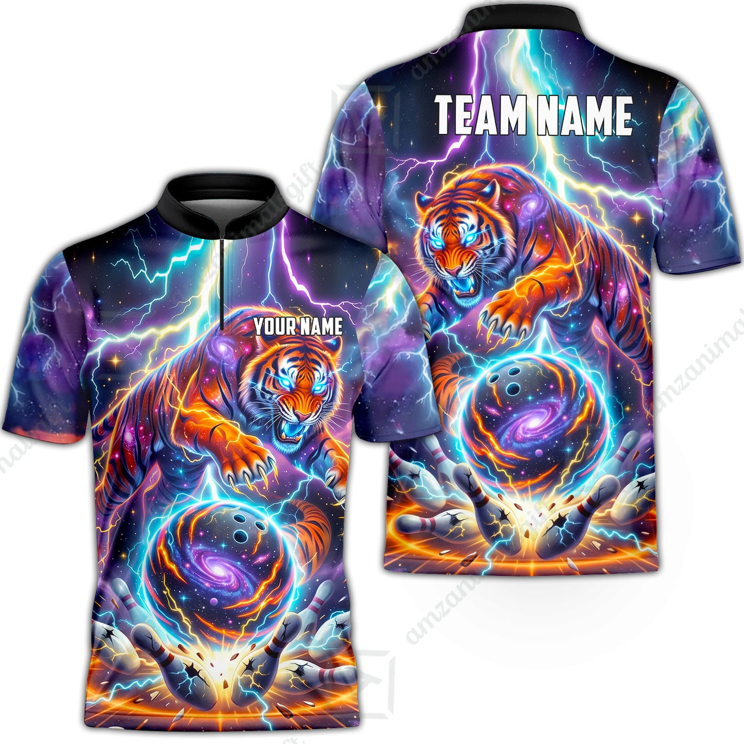 Custom Bowling Jersey Polo Shirt, Galactic Tiger Electric Strike, Custom Bowling Jersey Team Shirt For Players With Name and Team Name