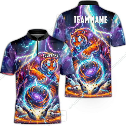 Custom Bowling Jersey Polo Shirt, Galactic Tiger Electric Strike, Custom Bowling Jersey Team Shirt For Players With Name and Team Name