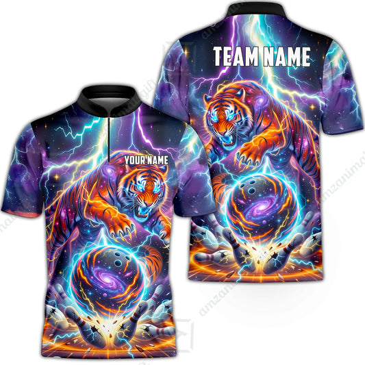 Custom Bowling Jersey Polo Shirt, Galactic Tiger Electric Strike, Custom Bowling Jersey Team Shirt For Players With Name and Team Name