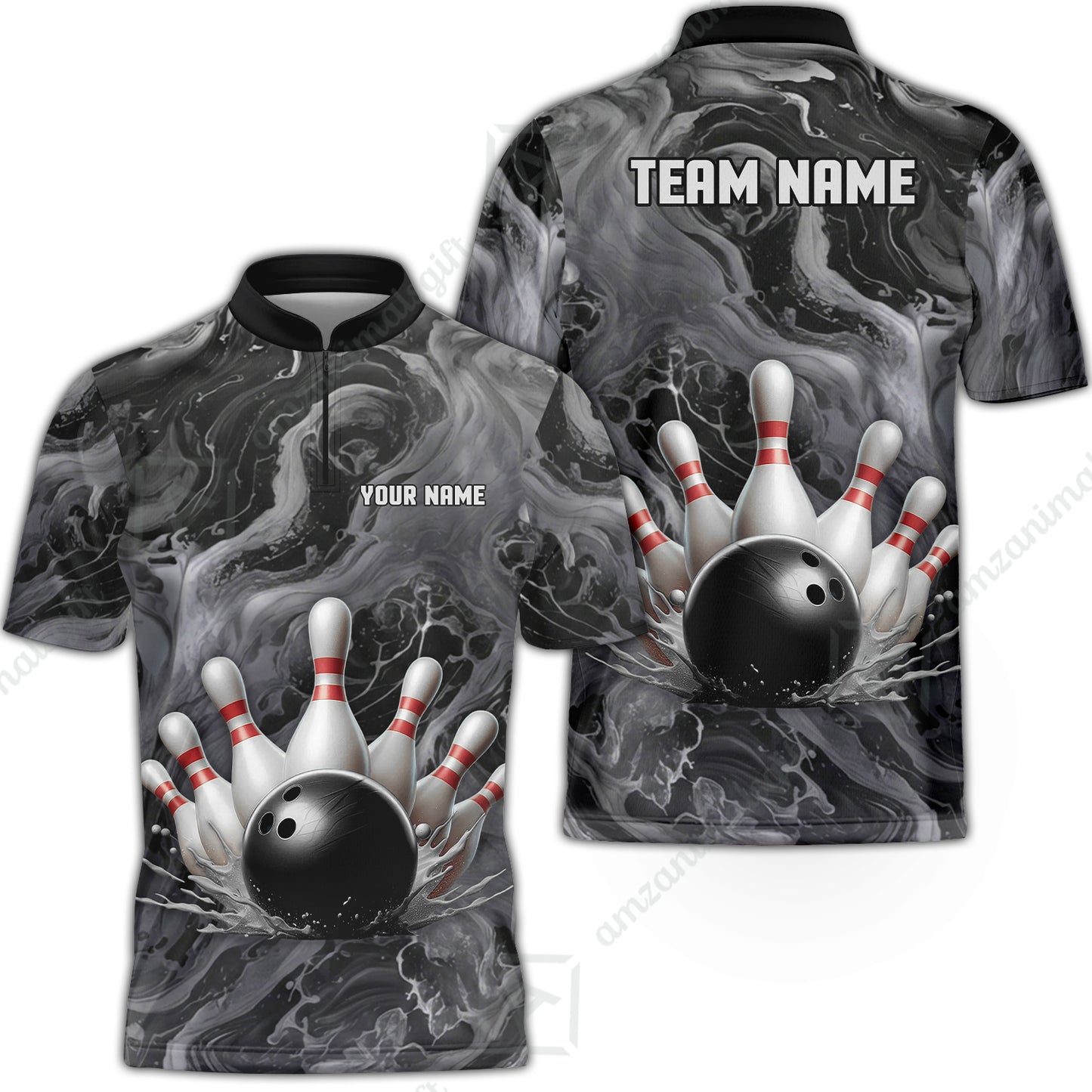 Custom Bowling Team Unisex Polo Shirt, Black Pearl Urethane Bowling Ball Marble Smoke Design for Bowlers
