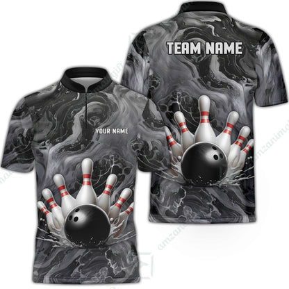 Custom Bowling Team Unisex Polo Shirt, Black Pearl Urethane Bowling Ball Marble Smoke Design for Bowlers