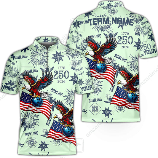 Custom Bowling Jersey Polo Shirt, USA 250 Years of Independence Bowling, Custom Bowling Jersey Team Shirt For Players With Name and Team Name