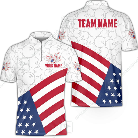 Custom Bowling Jersey Polo Shirt, Classic US Flag Diagonal Stars and Stripes, Custom Bowling Jersey Team Shirt For Players With Name and Team Name