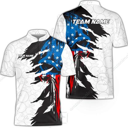 Custom Bowling Jersey Polo Shirt, Grunge USA Flag Bowling Custom Bowling Jersey Team Shirt For Players With Name & Team Name