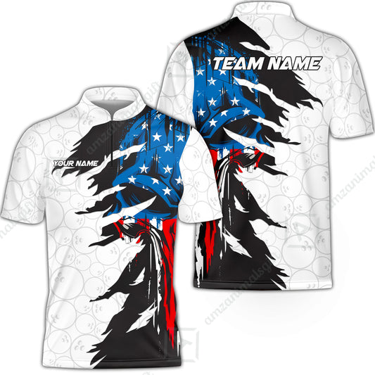 Custom Bowling Jersey Polo Shirt, Grunge USA Flag Bowling Custom Bowling Jersey Team Shirt For Players With Name & Team Name