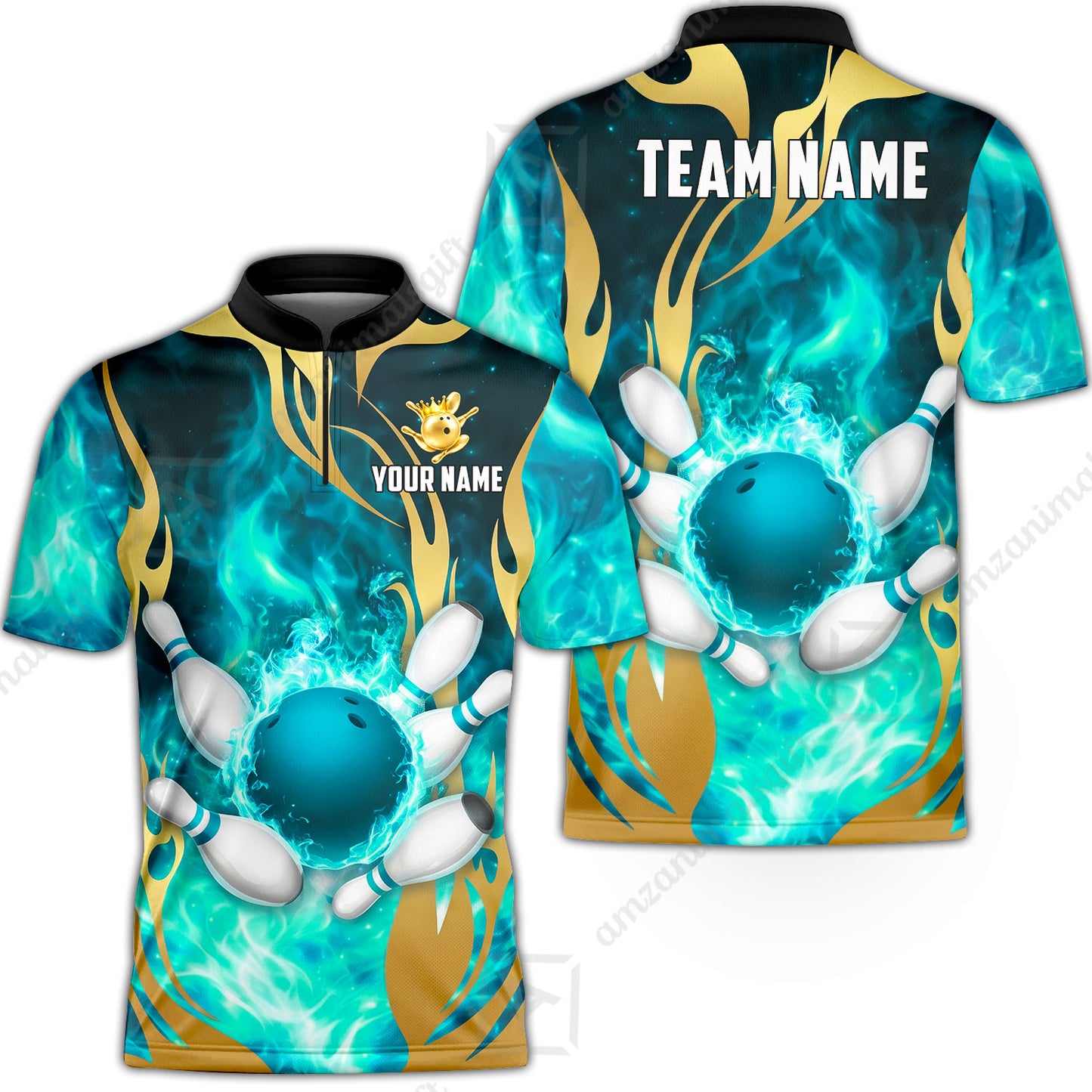 Custom Bowling Jersey Polo Shirt, Abyssal Fire & Golden Flames, Custom Bowling Jersey Team Shirt For Players With Name & Team Name