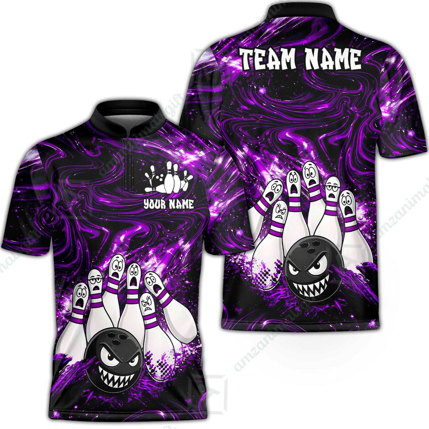 Customized Bowling Unisex Polo Shirt, Bowling Angry Ball VS Screaming Pins, Personalized Name And Team Name