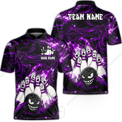 Customized Bowling Unisex Polo Shirt, Bowling Angry Ball VS Screaming Pins, Personalized Name And Team Name