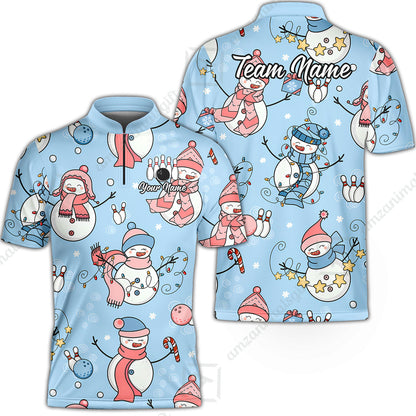 Custom Bowling Jersey Polo Shirt, Snowman Bowling Snowflower, Personalized Name And Team Name