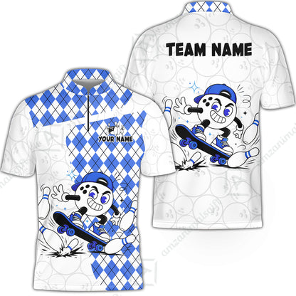 Custom Bowling Jersey Polo Shirt, Skateboarder Bowling Ball Mascot, Custom Bowling Jersey Team Shirt For Players With Name and Team Name