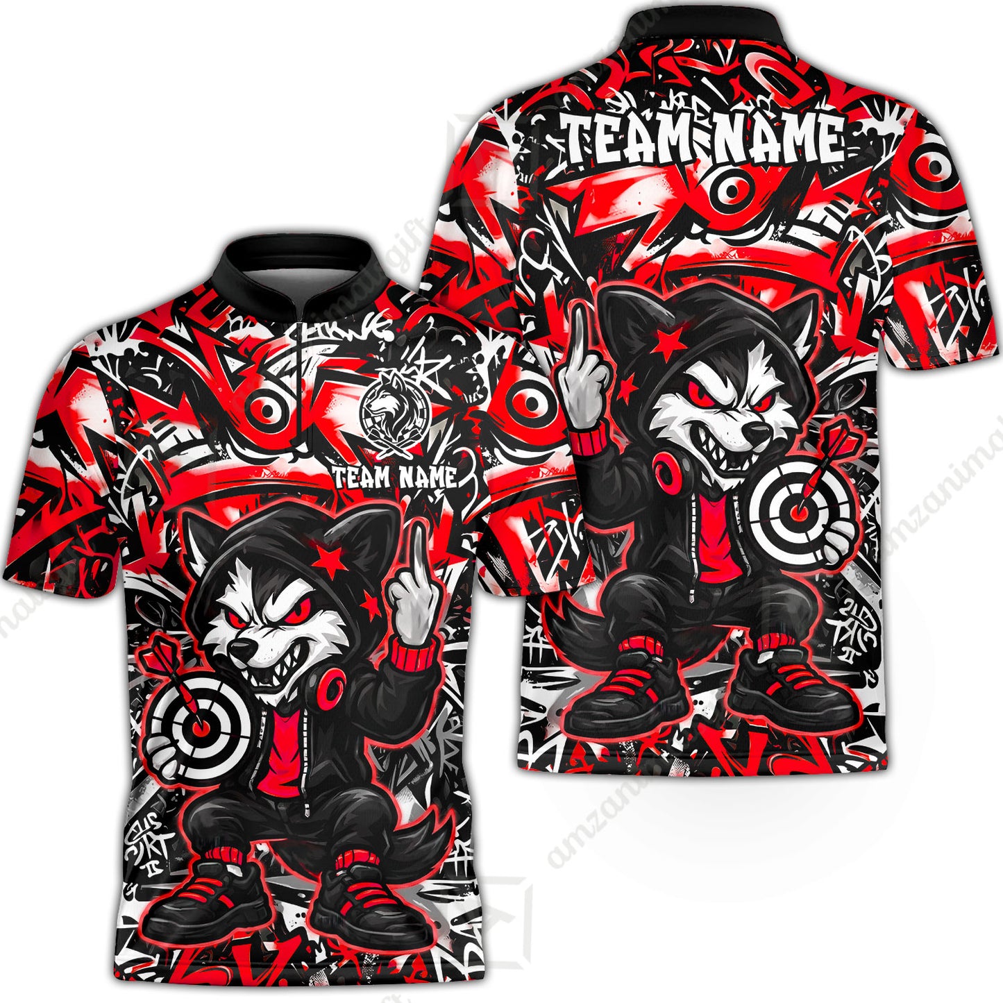Customized Darts Team Uniform Shirt, Cool Cartoon Wolf With Dartboard, Personalized Name And Team Name