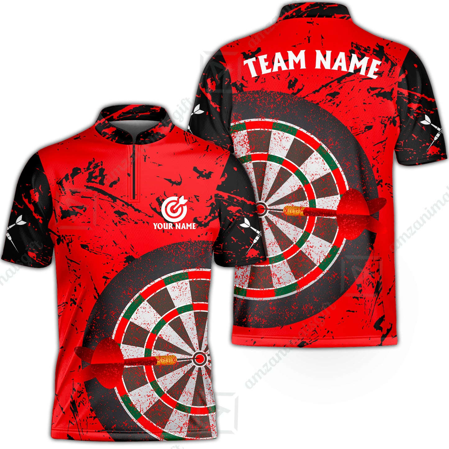 Red Dartboard Pattern Custom Darts Team Jersey Polo Quarter-Zip Shirts, Customized Name Team Name Darts Team Jerseys Uniform