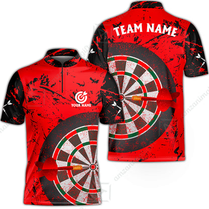 Red Dartboard Pattern Custom Darts Team Jersey Polo Quarter-Zip Shirts, Customized Name Team Name Darts Team Jerseys Uniform