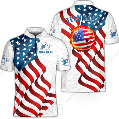 Custom Bowling Jersey Polo Shirt, Patriotic Waving USA Flag Fireball, Custom Bowling Jersey Team Shirt For Players With Name and Team Name