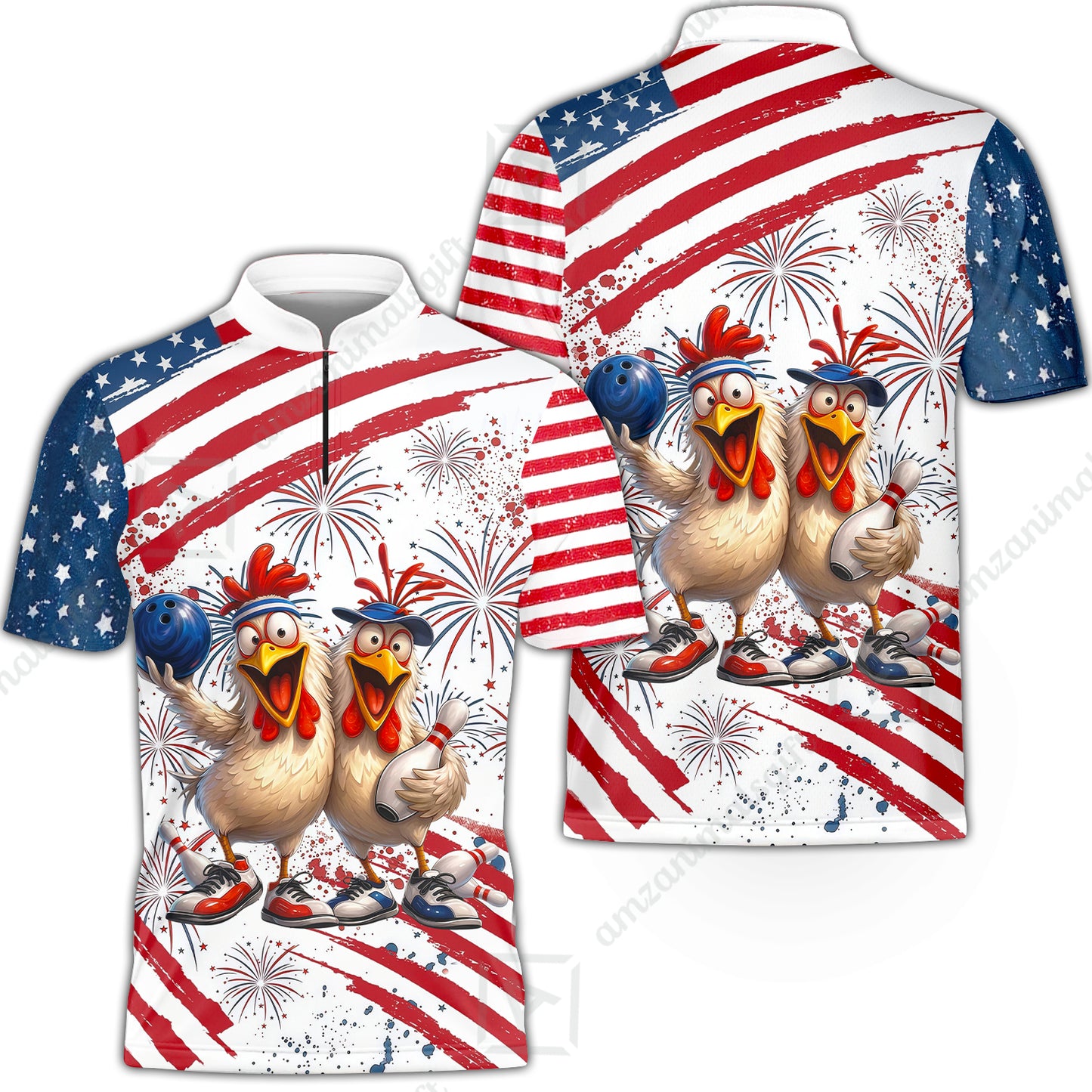 Custom Bowling Jersey Polo Shirt, Funny Patriotic USA Chicken Fireworks, Custom Bowling Jersey Team Shirt For Players With Name & Team Name