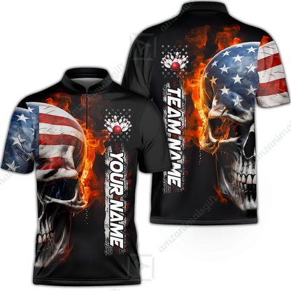 Custom Flaming USA Flag Bowling Jersey Polo Shirt, Custom Flaming USA Flag Bowling Jersey Team Shirt For Players With Name & Team Name