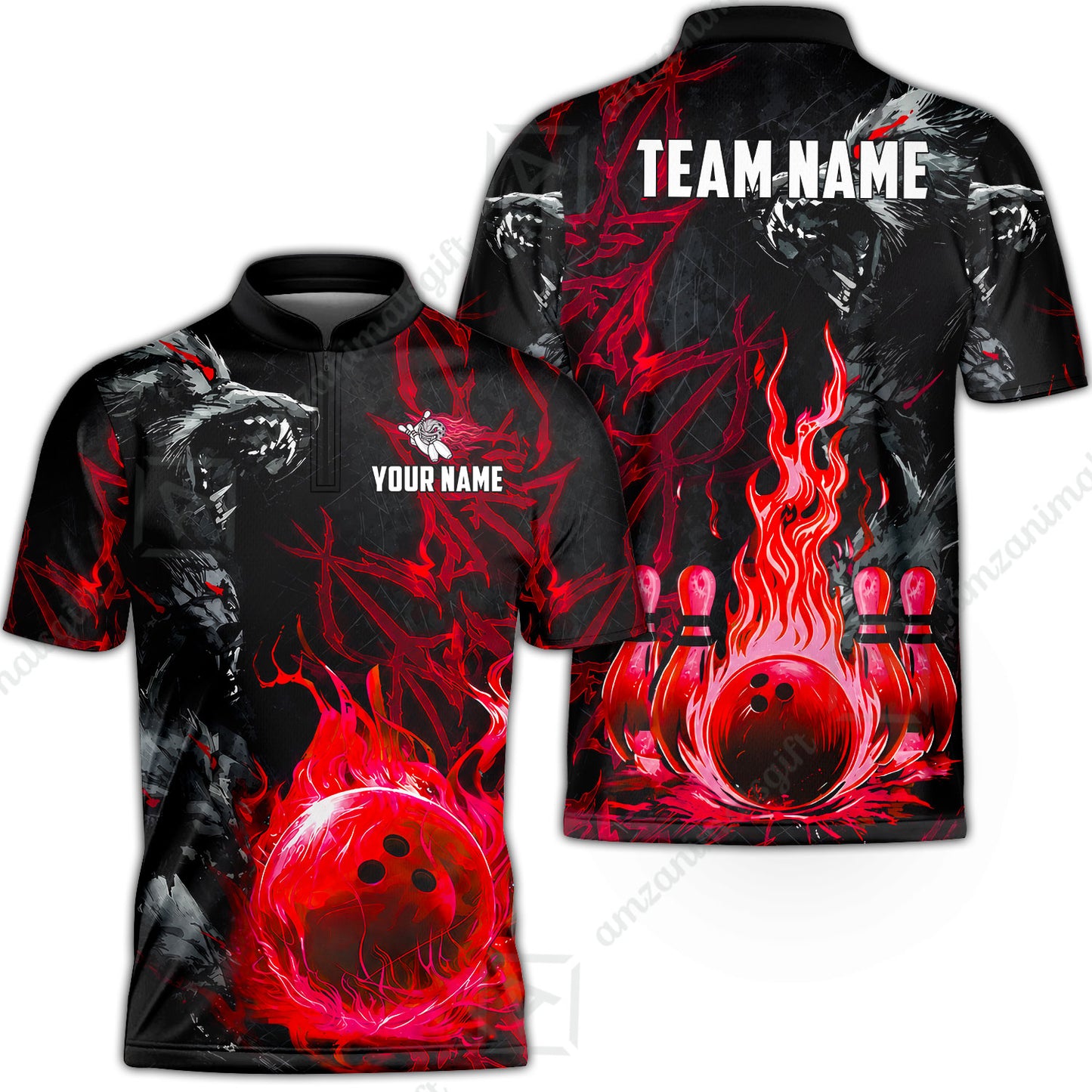 Custom Bowling Jersey Polo Shirt, Hellfire Werewolf & Crimson Strike, Custom Bowling Jersey Team Shirt For Players With Name & Team Name