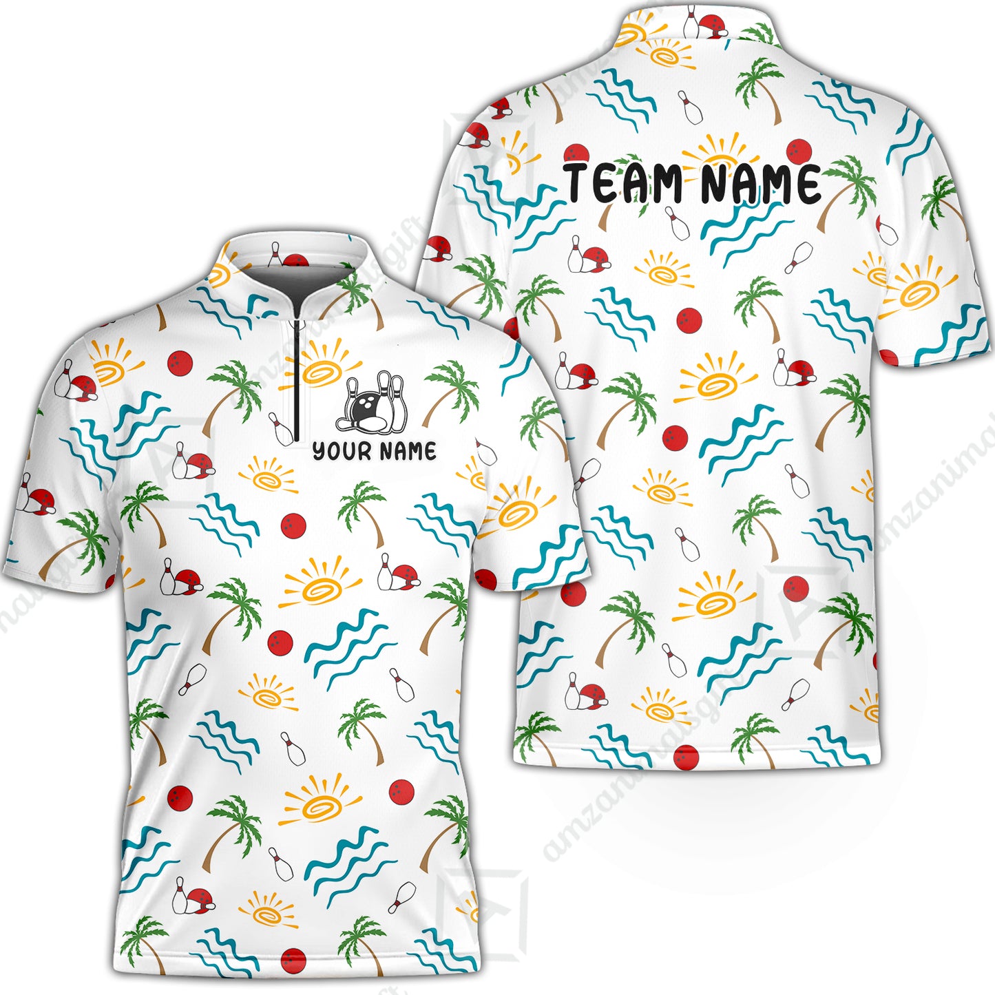 Custom Bowling Jersey Polo Shirt, Tropical Hand-Drawn Summer Doodle, Custom Bowling Jersey Team Shirt For Players With Name and Team Name