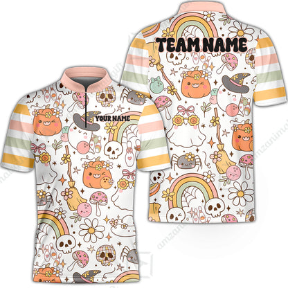 Customized Bowling Shirt, Mushroom Ghost Cute Rainbow Halloween Pattern Bowling, Personalized Polo Shirt For Players With Name & Team Name