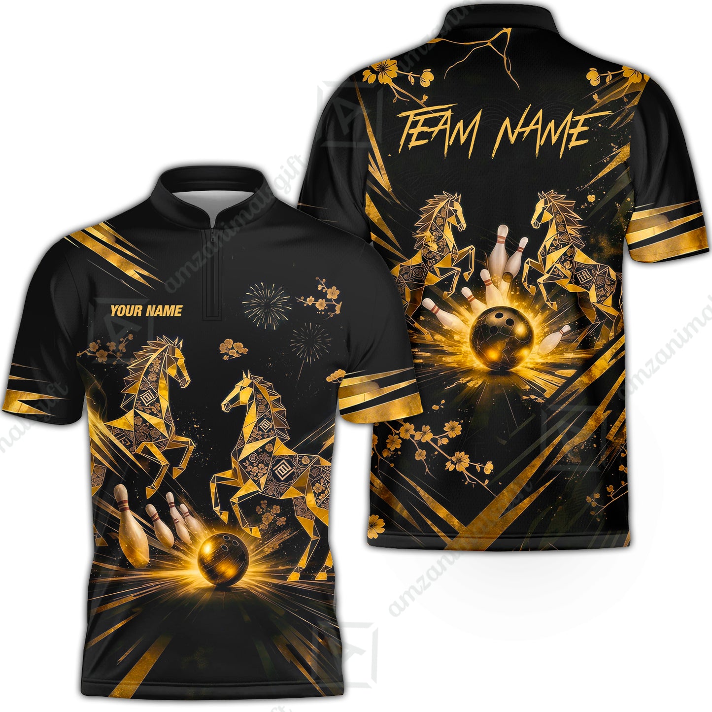 Custom Bowling Jersey Polo Shirt, Black Gold Horse, Custom Bowling Jersey Team Shirt For Players With Name & Team Name
