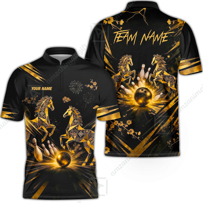 Custom Bowling Jersey Polo Shirt, Black Gold Horse, Custom Bowling Jersey Team Shirt For Players With Name & Team Name