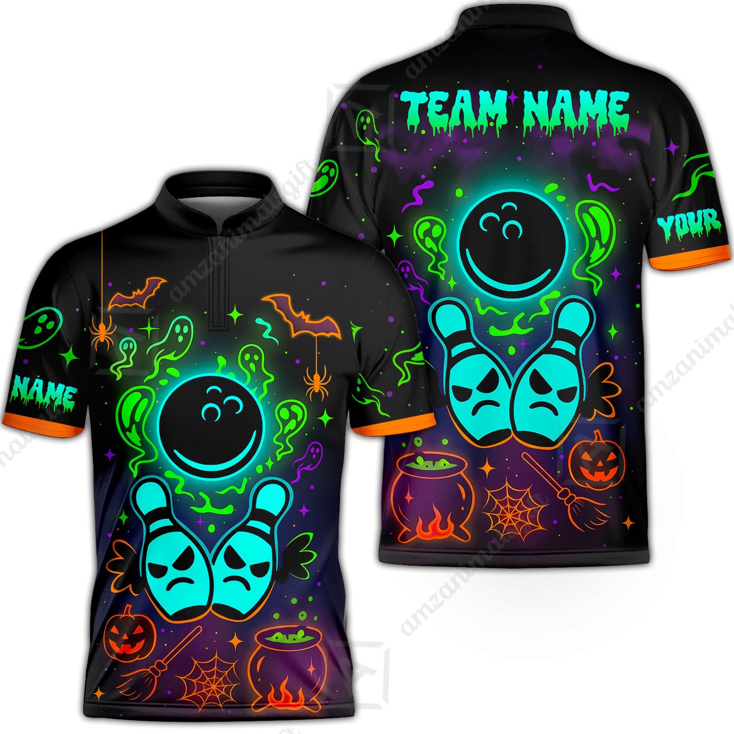 Customized Bowling Shirt, Halloween Neon Bowling, Personalized Polo Shirt For Players With Name & Team Name