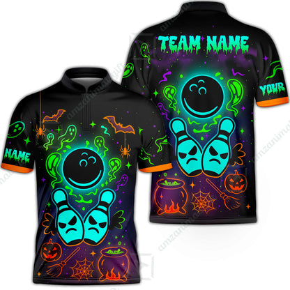 Customized Bowling Shirt, Halloween Neon Bowling, Personalized Polo Shirt For Players With Name & Team Name