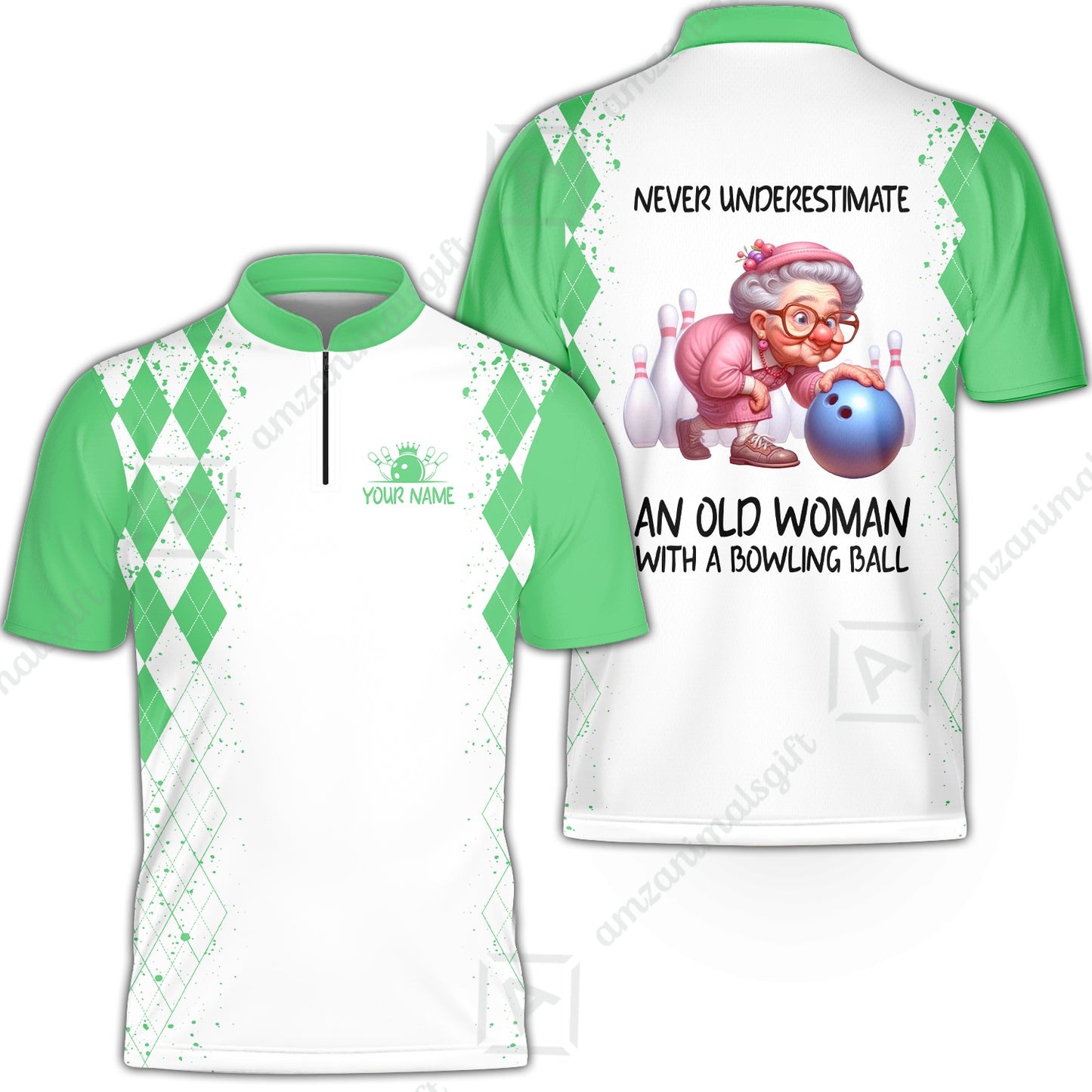 Custom Bowling Jersey Polo Shirt, Never Underestimate An Old Woman With A Bowling Ball, Personalized Name & Team Name