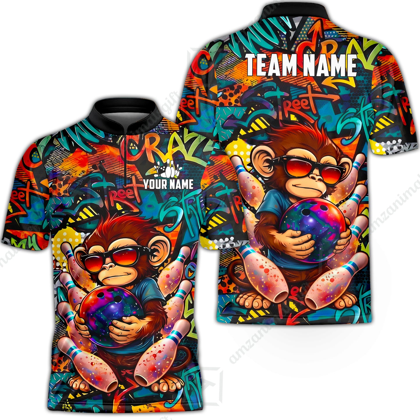 Custom Bowling Jersey Polo Shirt, Street Graffiti Funny Monkey Mascot, Custom Bowling Jersey Team Shirt For Players With Name & Team Name