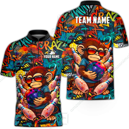 Custom Bowling Jersey Polo Shirt, Street Graffiti Funny Monkey Mascot, Custom Bowling Jersey Team Shirt For Players With Name & Team Name