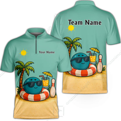 Custom Bowling Polo Shirt, Cute Cartoon Bowling Beach Custom Bowling Polo Team Shirt For Players With Name & Team Name