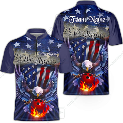 Custom Bowling Jersey Polo Shirt, Flaming Bowling Ball Eagle Custom Bowling Jersey Team Shirt For Players With Name & Team Name