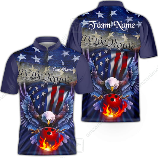Custom Bowling Jersey Polo Shirt, Flaming Bowling Ball Eagle Custom Bowling Jersey Team Shirt For Players With Name & Team Name
