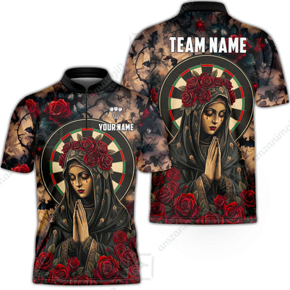 Custom Darts Jersey Polo Shirt, Gothic Madonna And Blue Rose, Custom Dart Jersey Team Shirt For Players With Name & Team Name