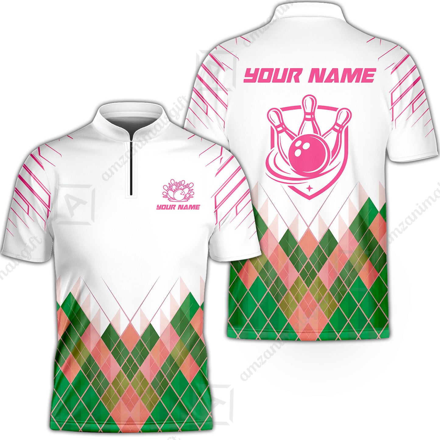 Custom Bowling Jersey Polo Shirt, Green Argyle Pattern Bowling Custom Bowling Jersey Team Shirt For Players With Name & Team Name