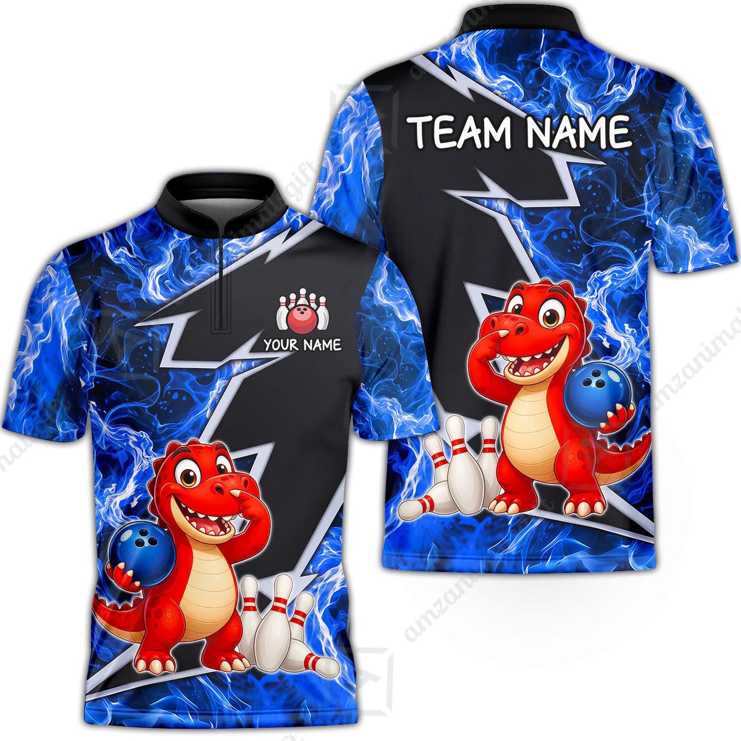 Custom Bowling Jersey Polo Shirt, Fire Lightning Dino Strike, Custom Bowling Jersey Team Shirt For Players With Name and Team Name